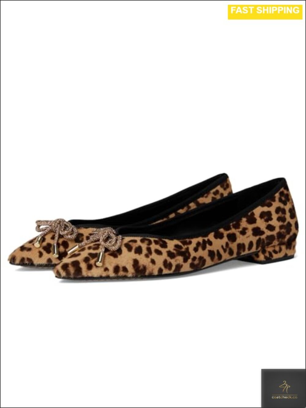 Leopardprint Haircalf Pointed Toe Slip-On Flats Jeweled Bow